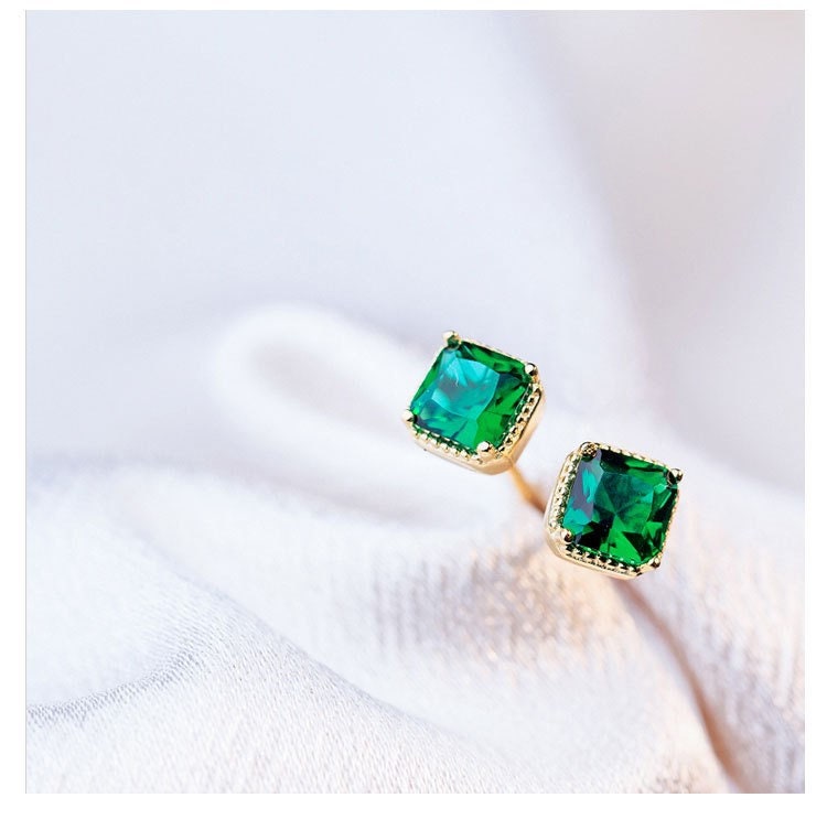 Dainty Square Emerald Earrings, 14k Gold Vermeil Emerald Studs, Sterling Silver Classic Emerald Earrings, Gifts for Her, GE03