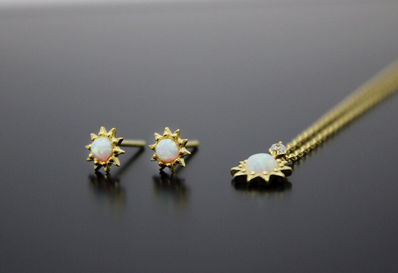 18k Gold Vermeil Opal Sunburst Earrings, Small Dainty Simulated Opal Gold Sun Earrings, Minimalist Opal Studs, Matched Necklace Available