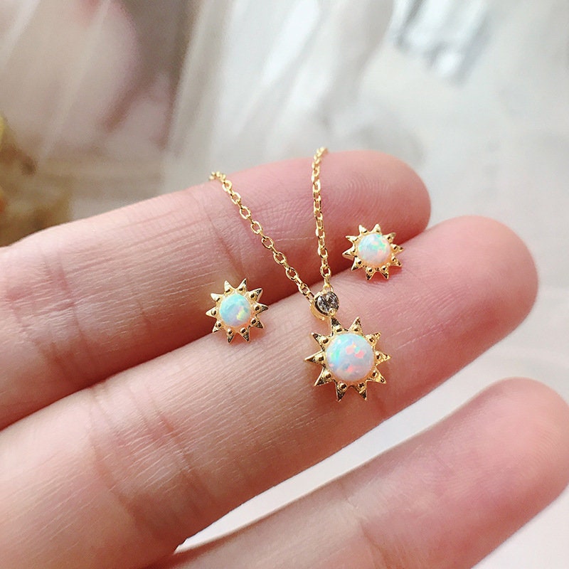 18k Gold Vermeil Opal Sunburst Earrings, Small Dainty Simulated Opal Gold Sun Earrings, Minimalist Opal Studs, Matched Necklace Available