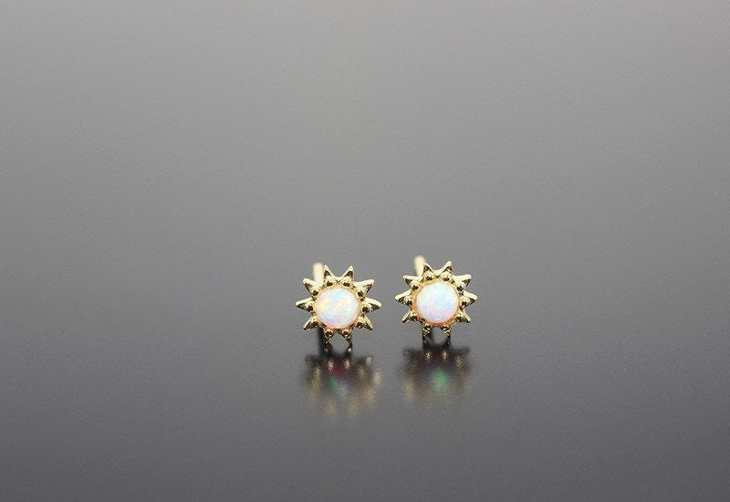 18k Gold Vermeil Opal Sunburst Earrings, Small Dainty Simulated Opal Gold Sun Earrings, Minimalist Opal Studs, Matched Necklace Available