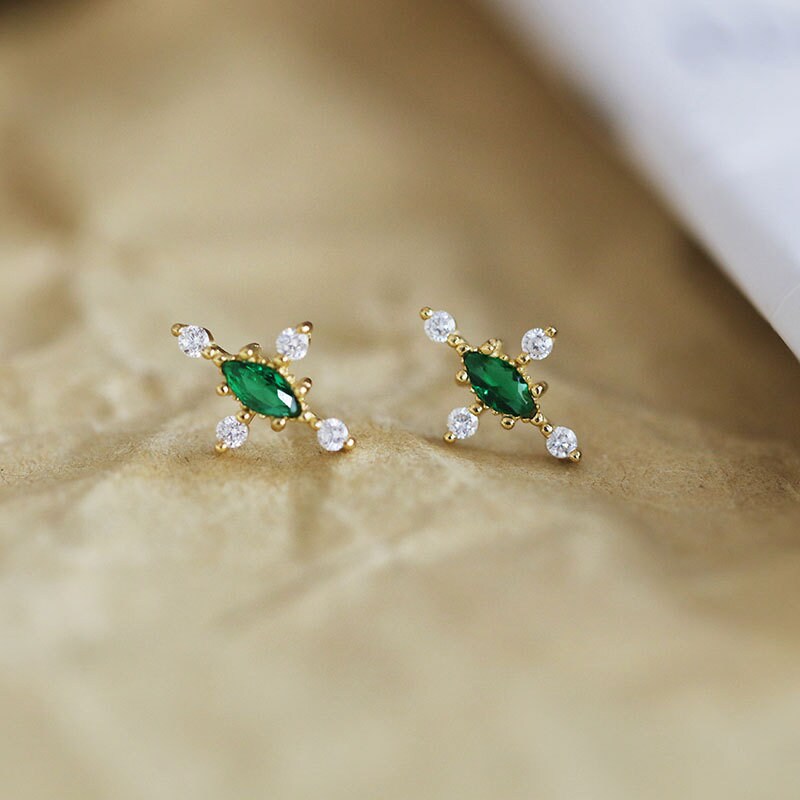 Dainty Emerald Cross Stud Earrings, 14k Gold Vermeil Emerald Earrings, Gold Skinny Earring, Minimalist Green CZ Earrings, Gift for Her, GE08