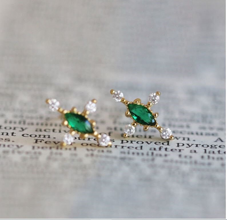 Dainty Emerald Cross Stud Earrings, 14k Gold Vermeil Emerald Earrings, Gold Skinny Earring, Minimalist Green CZ Earrings, Gift for Her, GE08