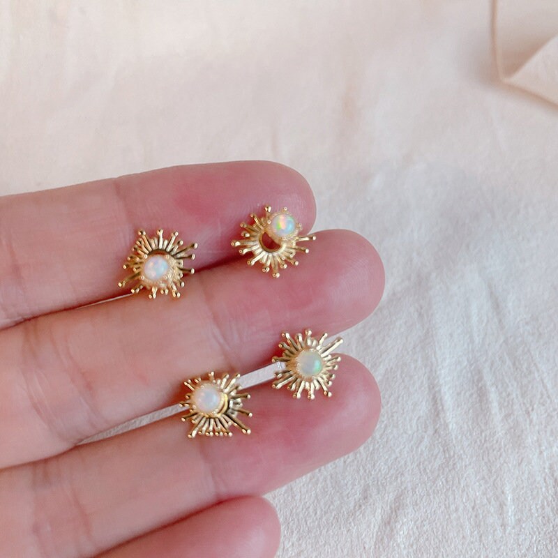 14k Gold Vermeil Opal Sunburst Stud Earrings, Simulated Small Opal Studs, Earrings Can be Separate into 2 Styles, Tragus/Helix Earrings GE87