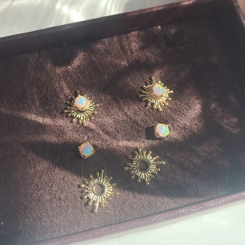 14k Gold Vermeil Opal Sunburst Stud Earrings, Simulated Small Opal Studs, Earrings Can be Separate into 2 Styles, Tragus/Helix Earrings GE87