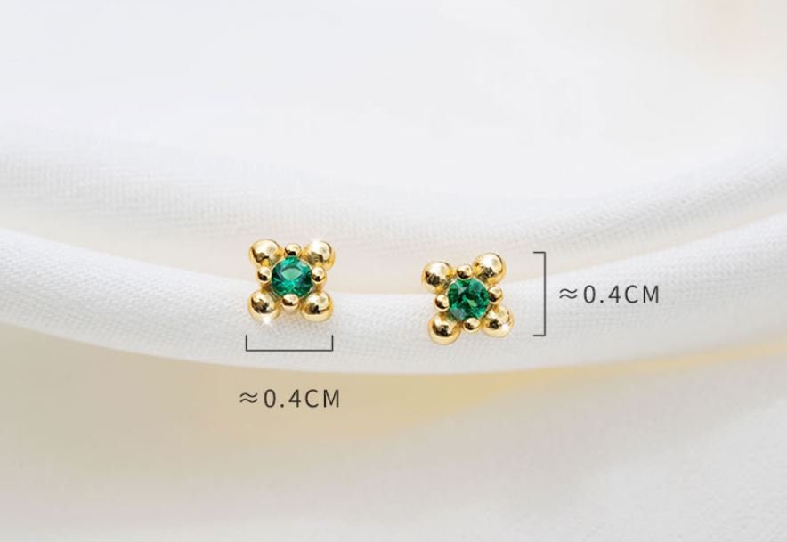 14k Gold Plated Sterling Silver Vintage Emerald CZ Stud Earrings, Dainty French Style Emerald Crystal Earrings, Two Color Available, Gifts