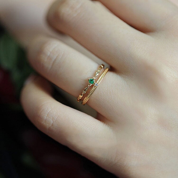 14k Gold Vermeil Vintage Style Emerald CZ Adjustable Ring, Gold Stackable Ring, Dainty Double Band Adjustable Rings, Gifts for Her, GR03