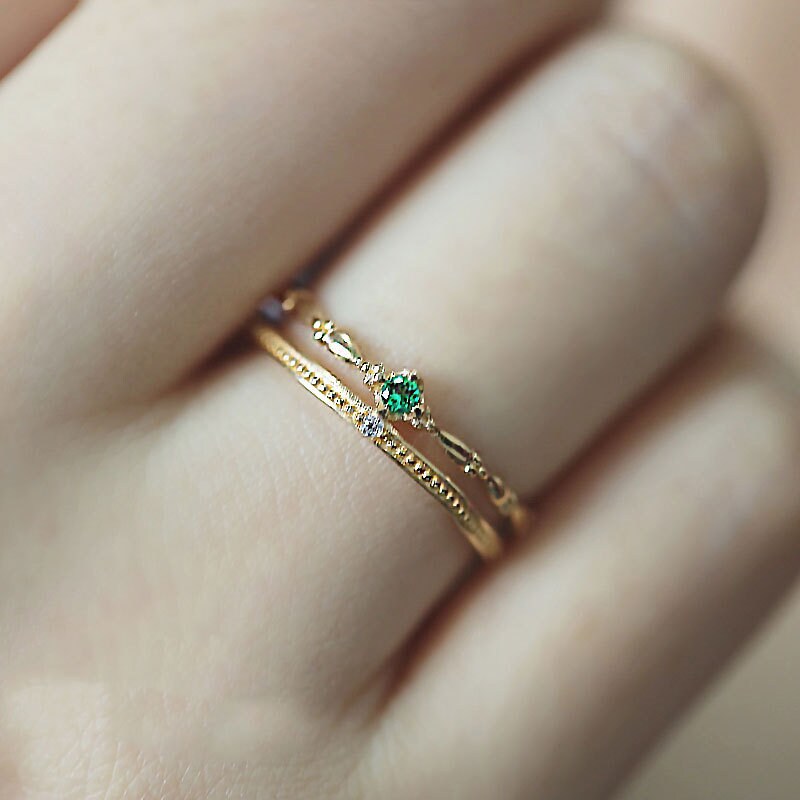 14k Gold Vermeil Vintage Style Emerald CZ Adjustable Ring, Gold Stackable Ring, Dainty Double Band Adjustable Rings, Gifts for Her, GR03