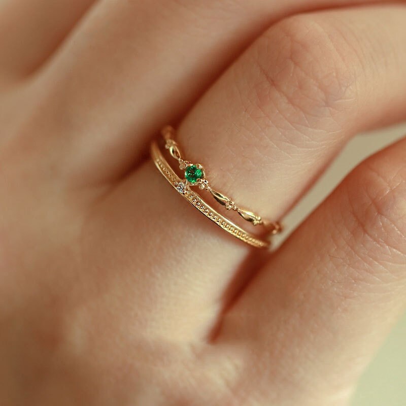 14k Gold Vermeil Vintage Style Emerald CZ Adjustable Ring, Gold Stackable Ring, Dainty Double Band Adjustable Rings, Gifts for Her, GR03