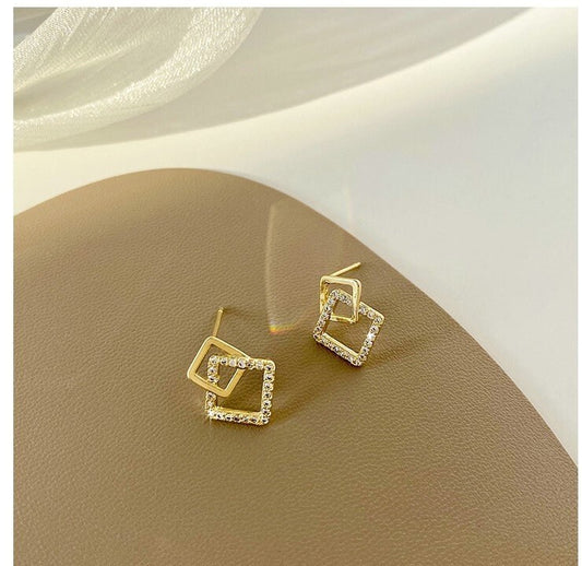 Dainty Gold Geometry Earrings, Sparkly CZ Square Earrings, Minimalist Earrings for Everyday, Perfect Gift for Her