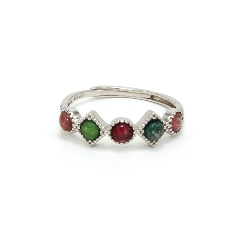 14k White Gold Vermeil Natural Tourmaline Adjustable Ring, Multi-color Natural Stone Open Size Ring, Mothers Day Gifts