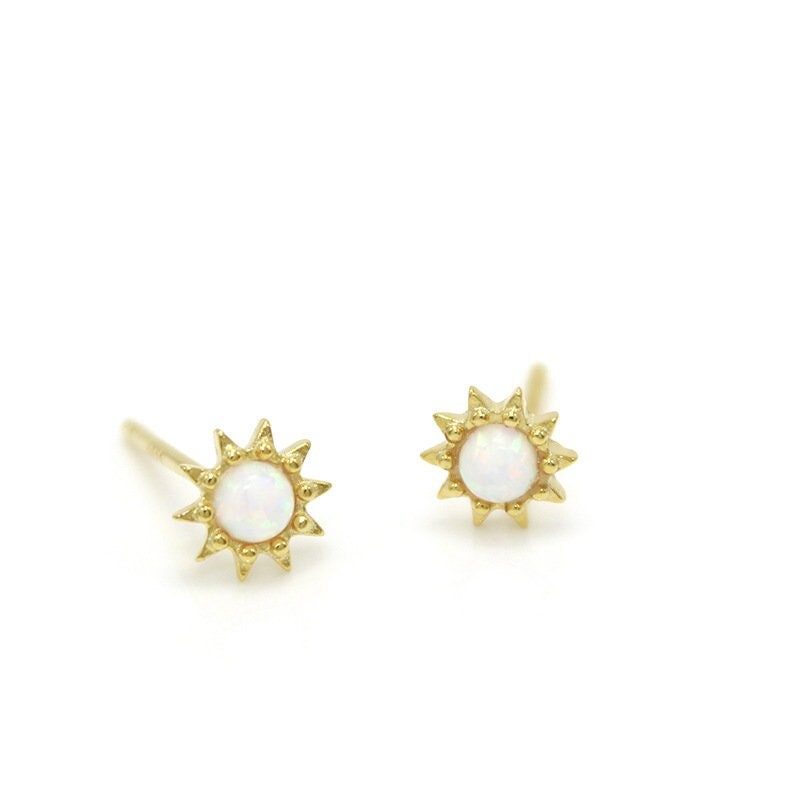 18k Gold Vermeil Opal Sunburst Earrings, Small Dainty Simulated Opal Gold Sun Earrings, Minimalist Opal Studs, Matched Necklace Available