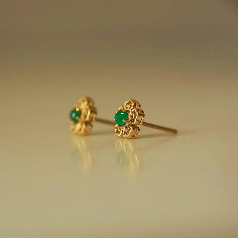 14k Gold Vermeil Jade Stud Earrings, Green Jade Gold Earrings, Dainty Emerald Green Earring, Christmas Gift, Gift for her, GE14