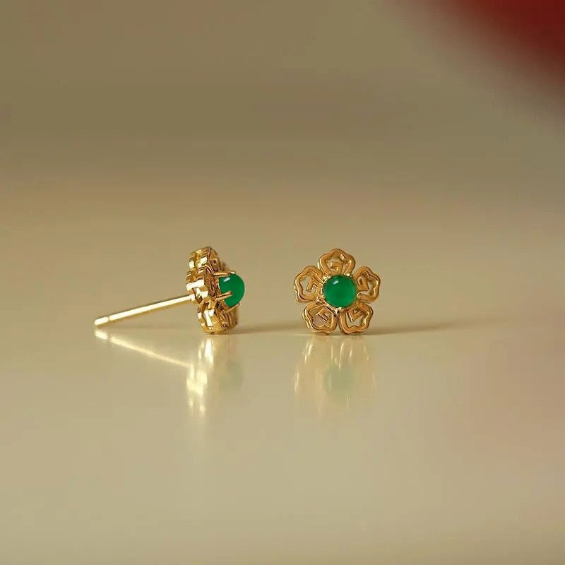 14k Gold Vermeil Jade Stud Earrings, Green Jade Gold Earrings, Dainty Emerald Green Earring, Christmas Gift, Gift for her, GE14