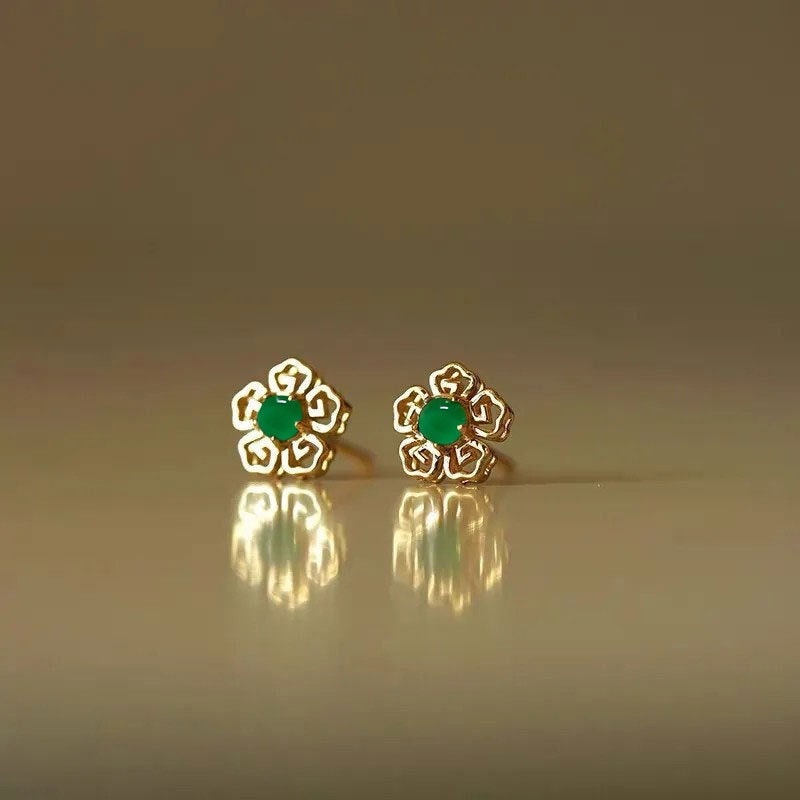 14k Gold Vermeil Jade Stud Earrings, Green Jade Gold Earrings, Dainty Emerald Green Earring, Christmas Gift, Gift for her, GE14