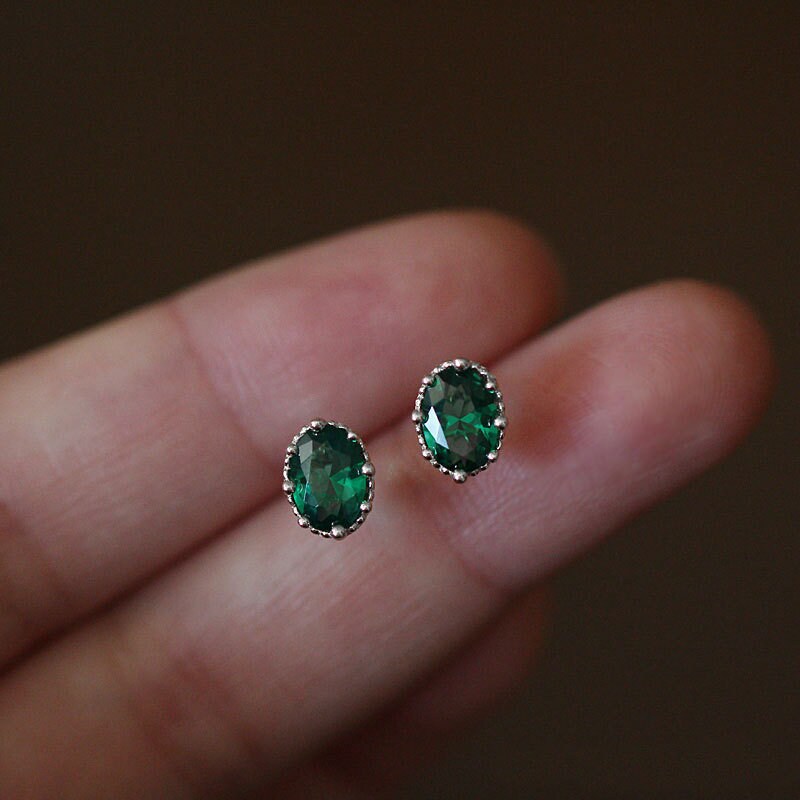 Sterling Silver Oval Emerald CZ Stud Earrings, Dainty Oval Green CZ Earrings, Gold Oval Emerald Earrings, Minimalist, Gifts for Her, GE15