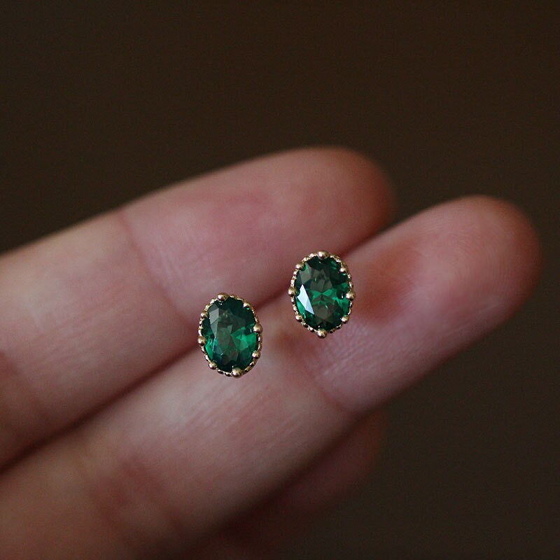 Sterling Silver Oval Emerald CZ Stud Earrings, Dainty Oval Green CZ Earrings, Gold Oval Emerald Earrings, Minimalist, Gifts for Her, GE15