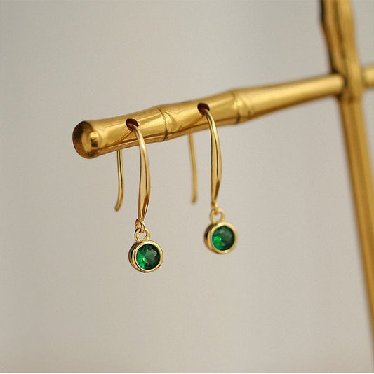 14K Gold Vermeil Emerald CZ Hook Drop & Dangle Earrings, Dainty Round Cut CZ Hook Earrings, Classic Emerald Design, Gift for her, GE16