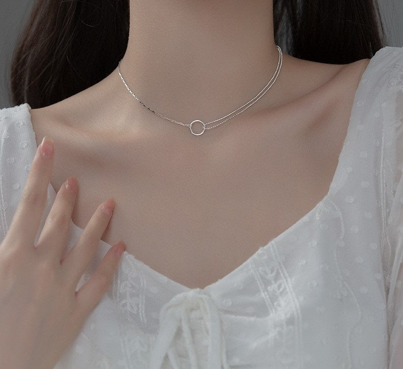 Sterling Silver Stackable Circle Necklace, Asymmetrical Chain Necklace, Layered Necklace, Double Ball-String Silver Choker Necklace, N12