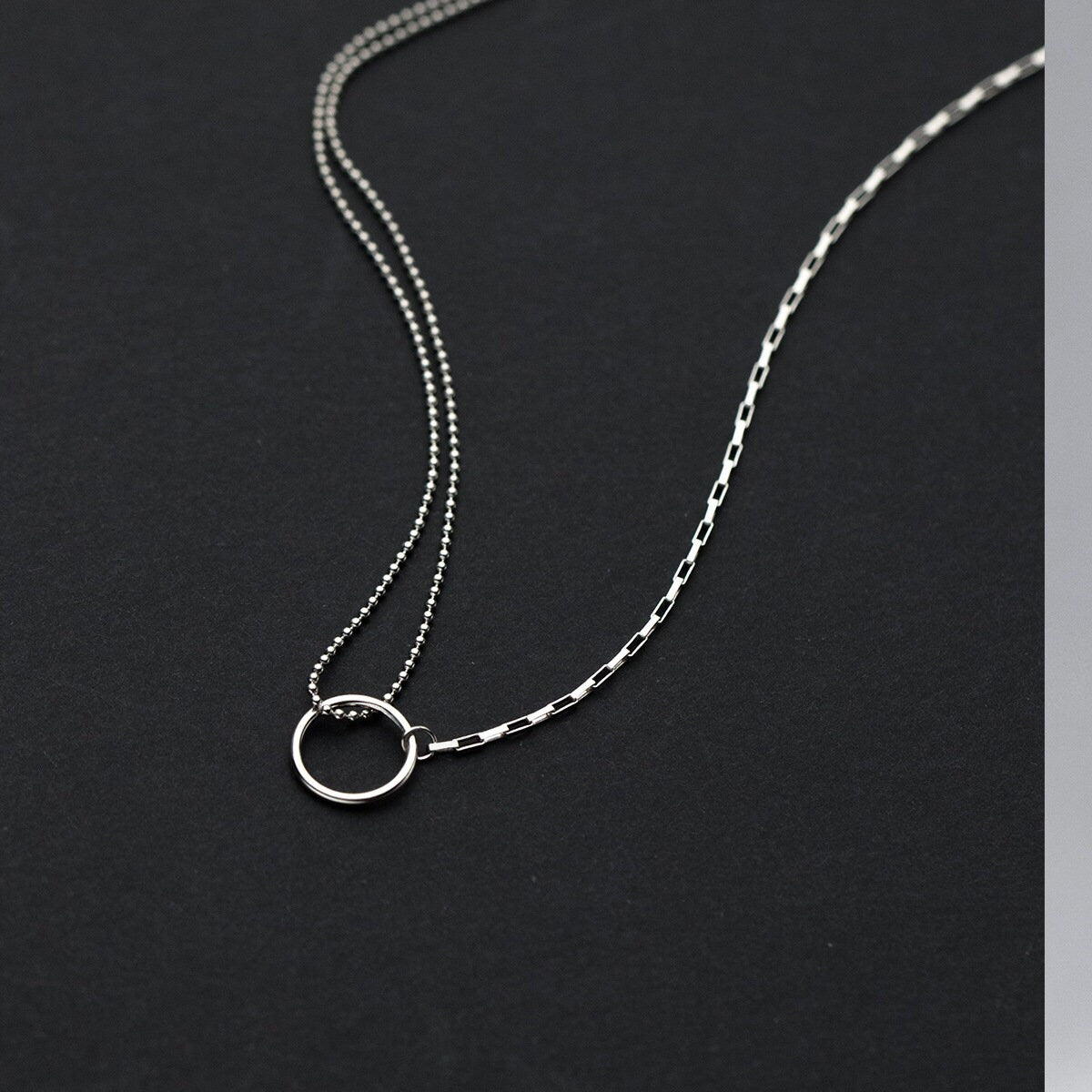 Sterling Silver Stackable Circle Necklace, Asymmetrical Chain Necklace, Layered Necklace, Double Ball-String Silver Choker Necklace, N12