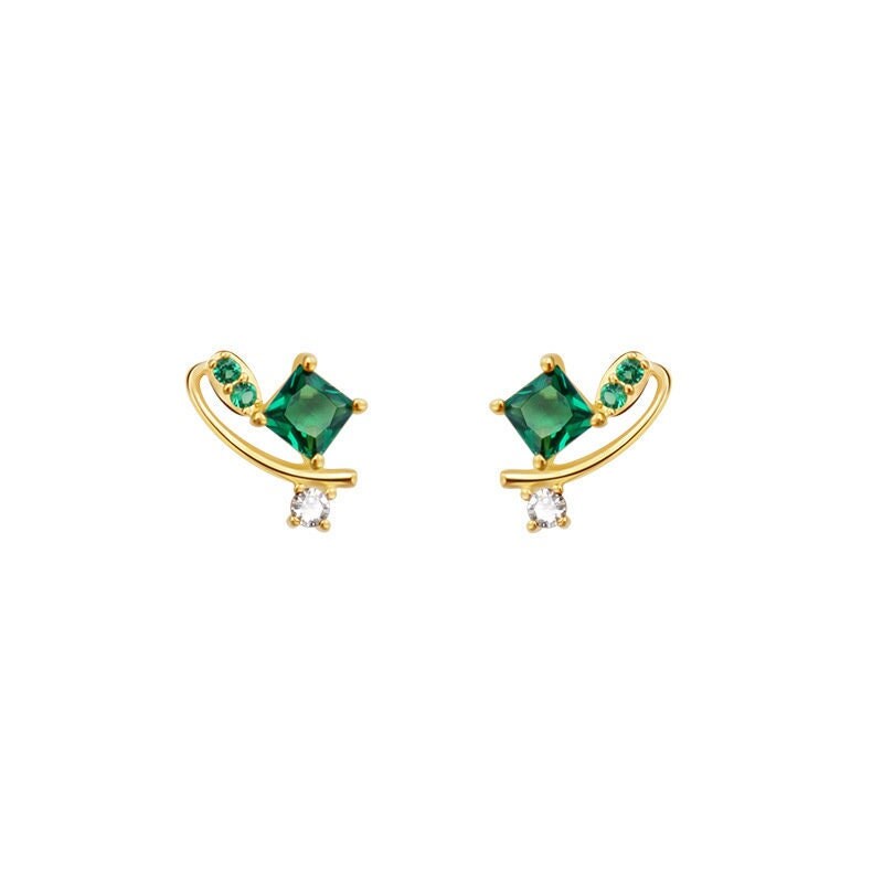 14k Gold Vermeil Fireflies Emerald CZ Stud Earrings, Sparkly Star & Fireflies Emerald CZ Earrings, Unique Design, Gift for her, GE18