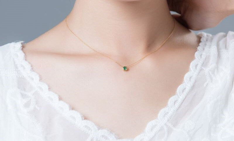 18K Gold Vermeil Round Cut Emerald CZ Necklace, Dainty Rose Gold Emerald Necklace, Tiny Emerald Green CZ Necklace, Minimalist, Gifts for her