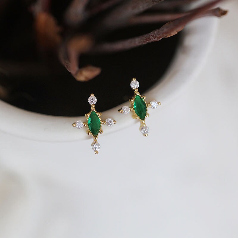 Dainty Emerald Cross Stud Earrings, 14k Gold Vermeil Emerald Earrings, Gold Skinny Earring, Minimalist Green CZ Earrings, Gift for Her, GE08