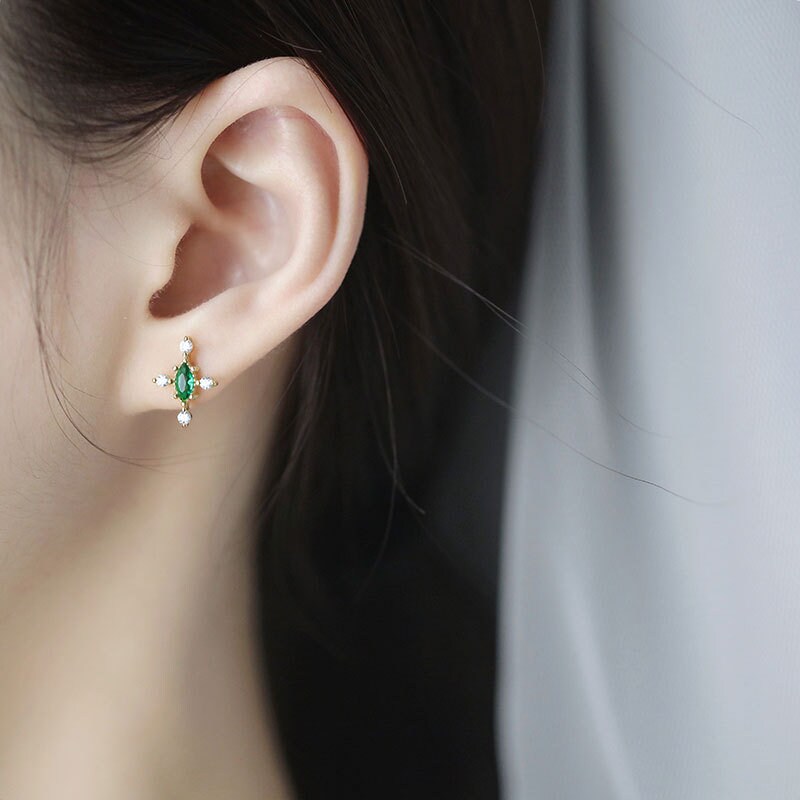 Dainty Emerald Cross Stud Earrings, 14k Gold Vermeil Emerald Earrings, Gold Skinny Earring, Minimalist Green CZ Earrings, Gift for Her, GE08