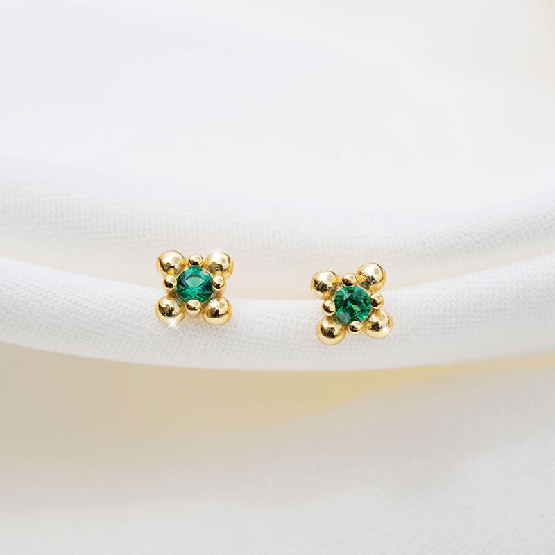 14k Gold Plated Sterling Silver Vintage Emerald CZ Stud Earrings, Dainty French Style Emerald Crystal Earrings, Two Color Available, Gifts