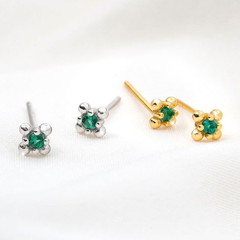 14k Gold Plated Sterling Silver Vintage Emerald CZ Stud Earrings, Dainty French Style Emerald Crystal Earrings, Two Color Available, Gifts