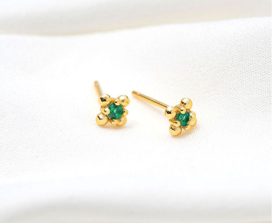 14k Gold Plated Sterling Silver Vintage Emerald CZ Stud Earrings, Dainty French Style Emerald Crystal Earrings, Two Color Available, Gifts