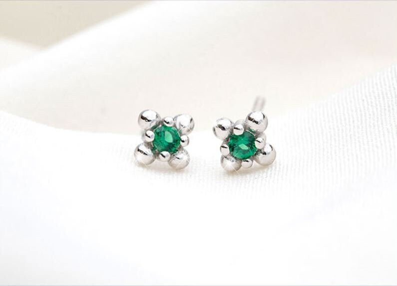 14k Gold Plated Sterling Silver Vintage Emerald CZ Stud Earrings, Dainty French Style Emerald Crystal Earrings, Two Color Available, Gifts