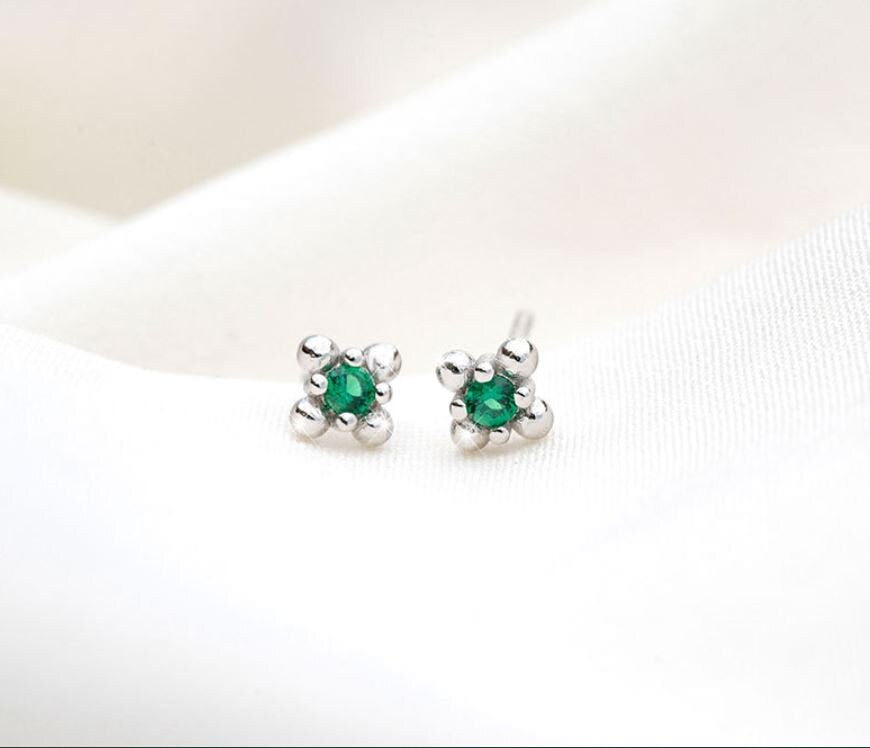 14k Gold Plated Sterling Silver Vintage Emerald CZ Stud Earrings, Dainty French Style Emerald Crystal Earrings, Two Color Available, Gifts