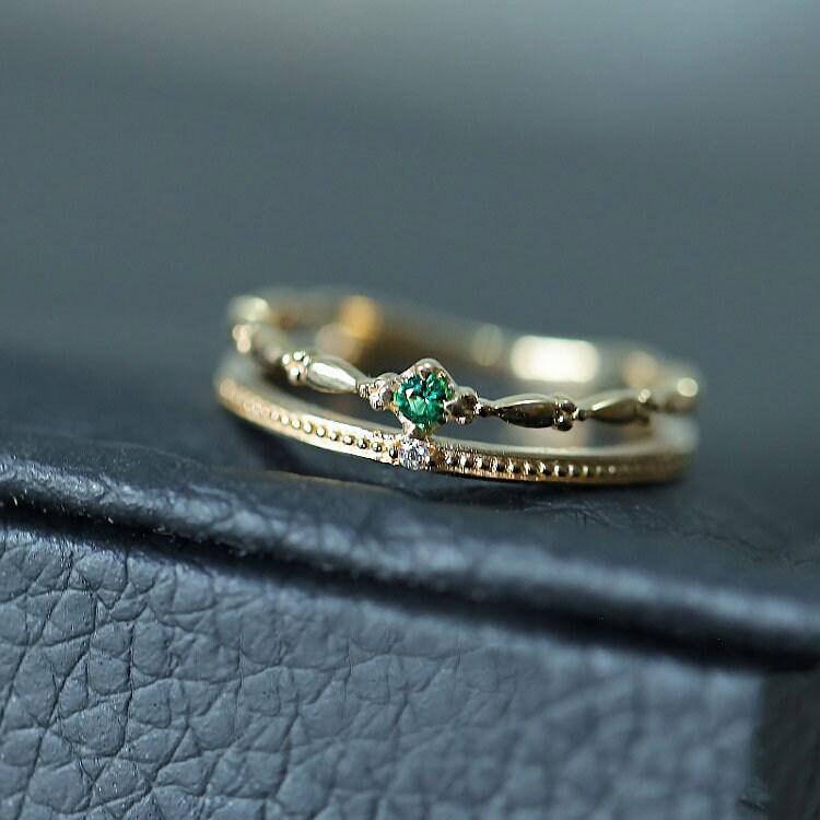 14k Gold Vermeil Vintage Style Emerald CZ Adjustable Ring, Gold Stackable Ring, Dainty Double Band Adjustable Rings, Gifts for Her, GR03