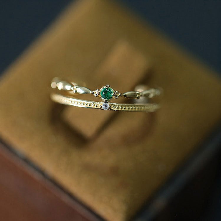 14k Gold Vermeil Vintage Style Emerald CZ Adjustable Ring, Gold Stackable Ring, Dainty Double Band Adjustable Rings, Gifts for Her, GR03