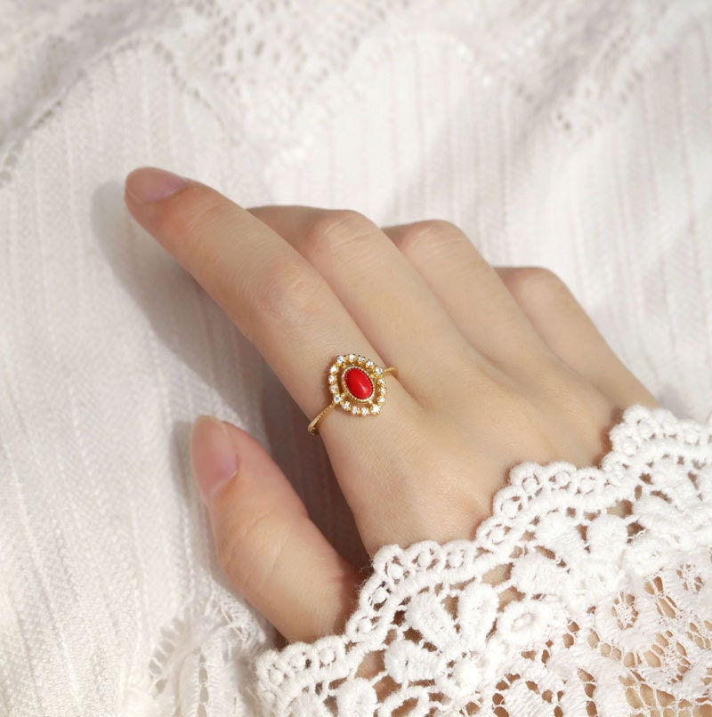 Delicate CZ Red Resin Adjustable Ring, Gold Vintage Open Size Ring, Dainty Minimalist Red Oval Ring, Gift for her, GR06