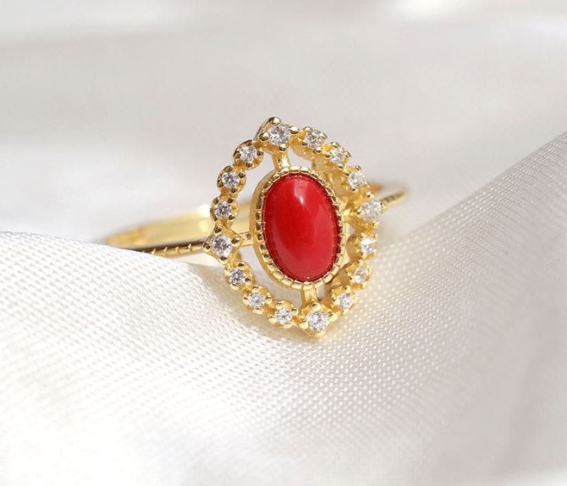 Delicate CZ Red Resin Adjustable Ring, Gold Vintage Open Size Ring, Dainty Minimalist Red Oval Ring, Gift for her, GR06