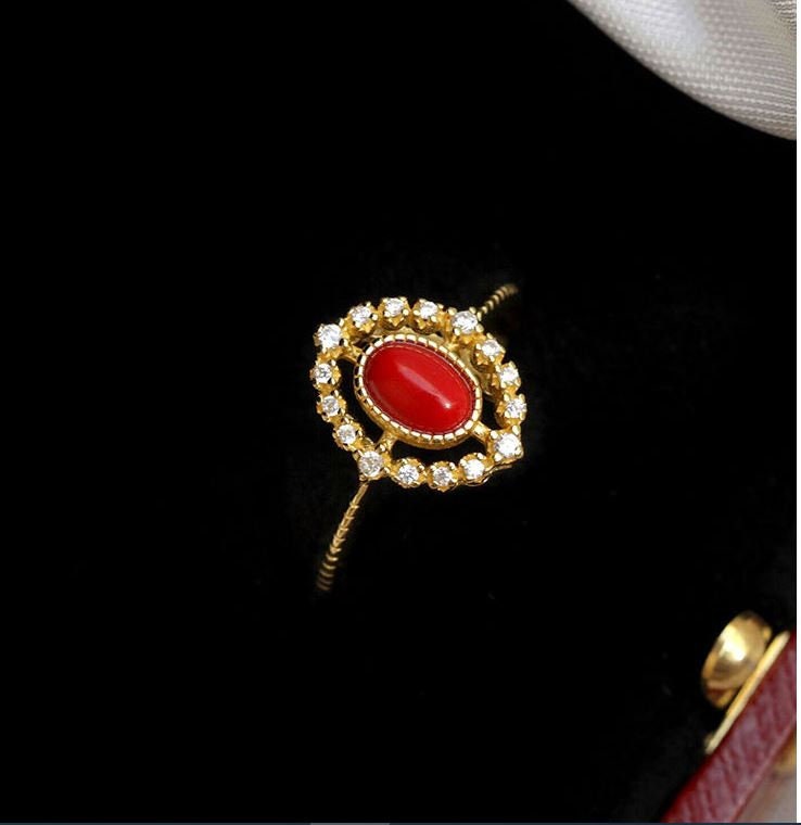 Delicate CZ Red Resin Adjustable Ring, Gold Vintage Open Size Ring, Dainty Minimalist Red Oval Ring, Gift for her, GR06