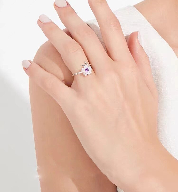 Sterling Silver Cherry Blossom Adjustable Ring, Delicate Flower & Leaf Open Ring, Dainty Adjustable Flower Ring, Purple or Pink, Gift GR05