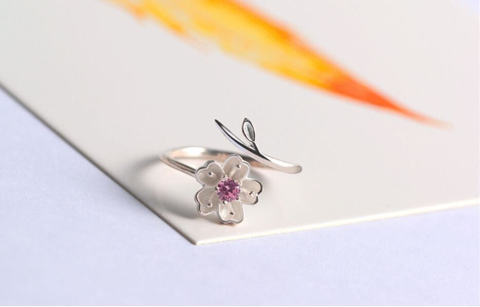 Sterling Silver Cherry Blossom Adjustable Ring, Delicate Flower & Leaf Open Ring, Dainty Adjustable Flower Ring, Purple or Pink, Gift GR05