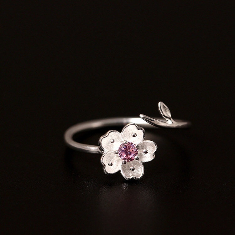 Sterling Silver Cherry Blossom Adjustable Ring, Delicate Flower & Leaf Open Ring, Dainty Adjustable Flower Ring, Purple or Pink, Gift GR05