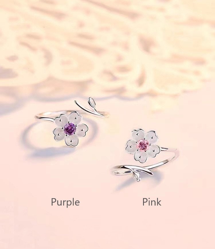 Sterling Silver Cherry Blossom Adjustable Ring, Delicate Flower & Leaf Open Ring, Dainty Adjustable Flower Ring, Purple or Pink, Gift GR05