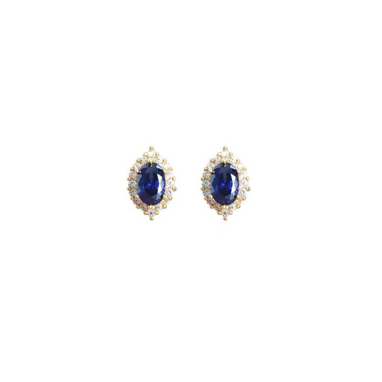 Dainty Oval Shape Blue Sapphire CZ Stud Earrings, 14k Gold Plated 925 Silver Simulated Sapphire Earrings, Sparkly Oval Blue CZ Earring, GE21