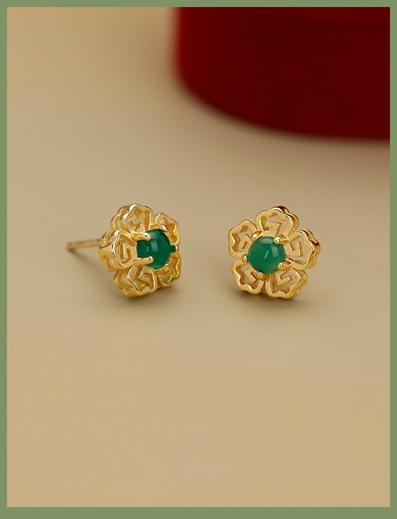 14k Gold Vermeil Jade Stud Earrings, Green Jade Gold Earrings, Dainty Emerald Green Earring, Christmas Gift, Gift for her, GE14