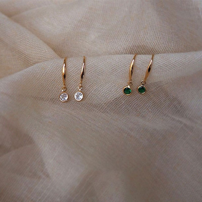 14K Gold Vermeil Emerald CZ Hook Drop & Dangle Earrings, Dainty Round Cut CZ Hook Earrings, Classic Emerald Design, Gift for her, GE16