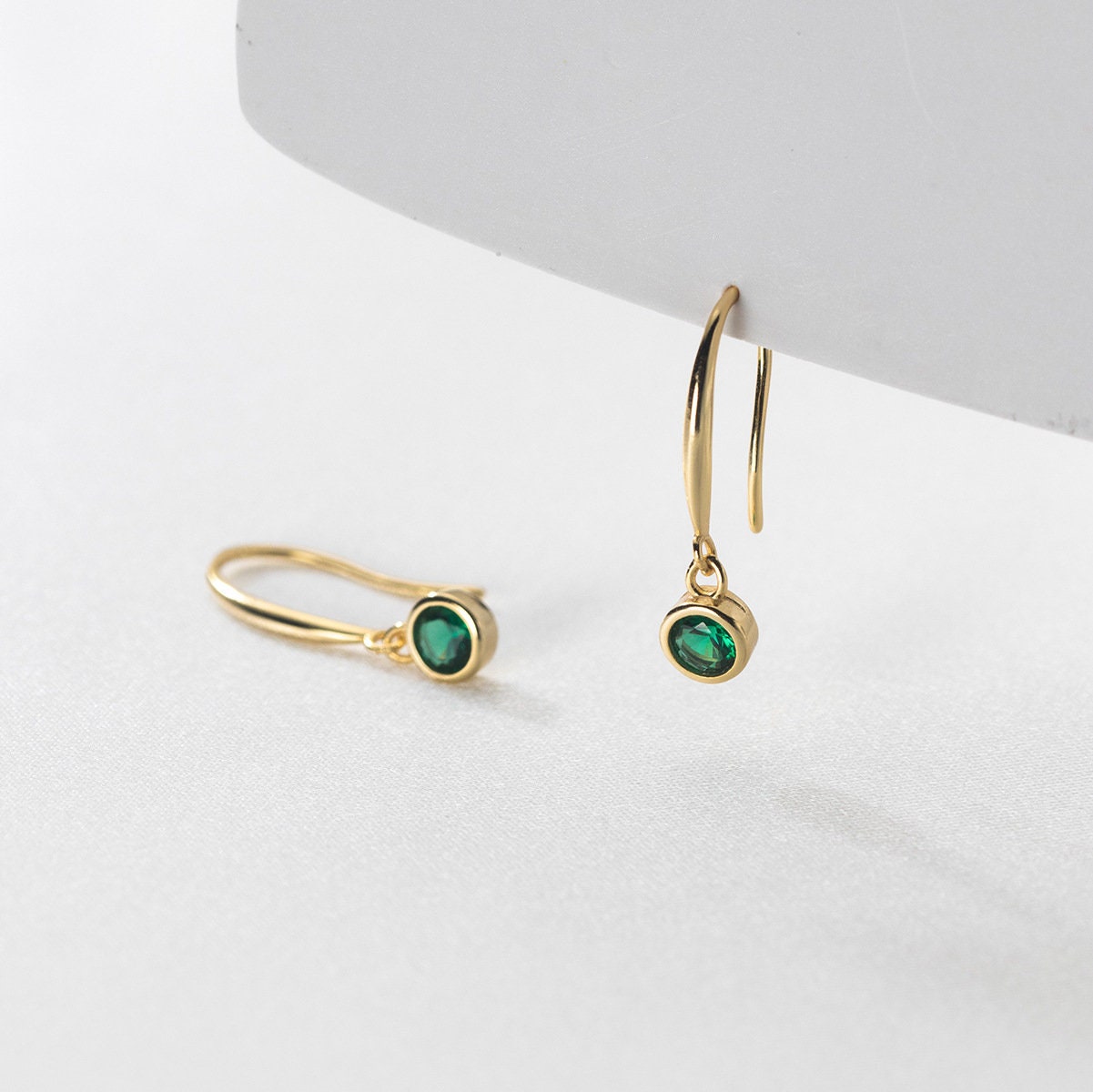 14K Gold Vermeil Emerald CZ Hook Drop & Dangle Earrings, Dainty Round Cut CZ Hook Earrings, Classic Emerald Design, Gift for her, GE16