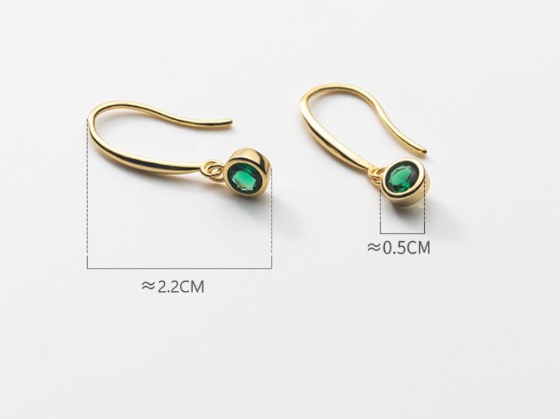 14K Gold Vermeil Emerald CZ Hook Drop & Dangle Earrings, Dainty Round Cut CZ Hook Earrings, Classic Emerald Design, Gift for her, GE16