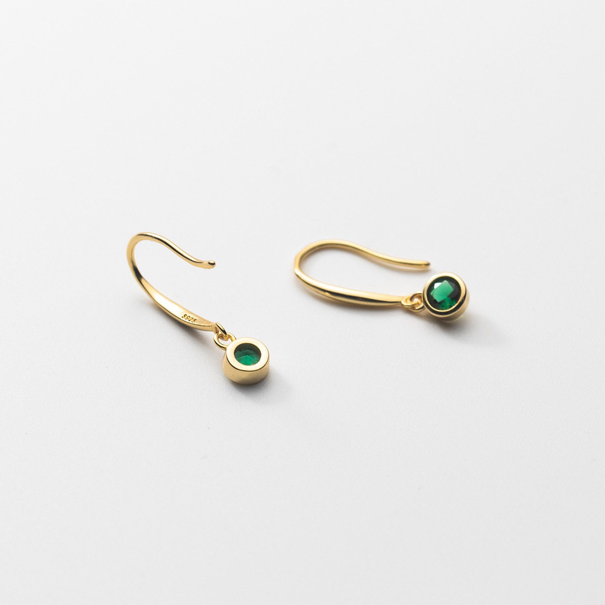 14K Gold Vermeil Emerald CZ Hook Drop & Dangle Earrings, Dainty Round Cut CZ Hook Earrings, Classic Emerald Design, Gift for her, GE16