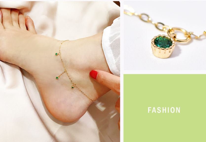 14k Gold Plated 925 Silver Round Emerald CZ Charm Anklet, Dainty Emerald Drop Ankle Bracelet, Tiny Green CZ Anklet, Gifts for Her, GA01