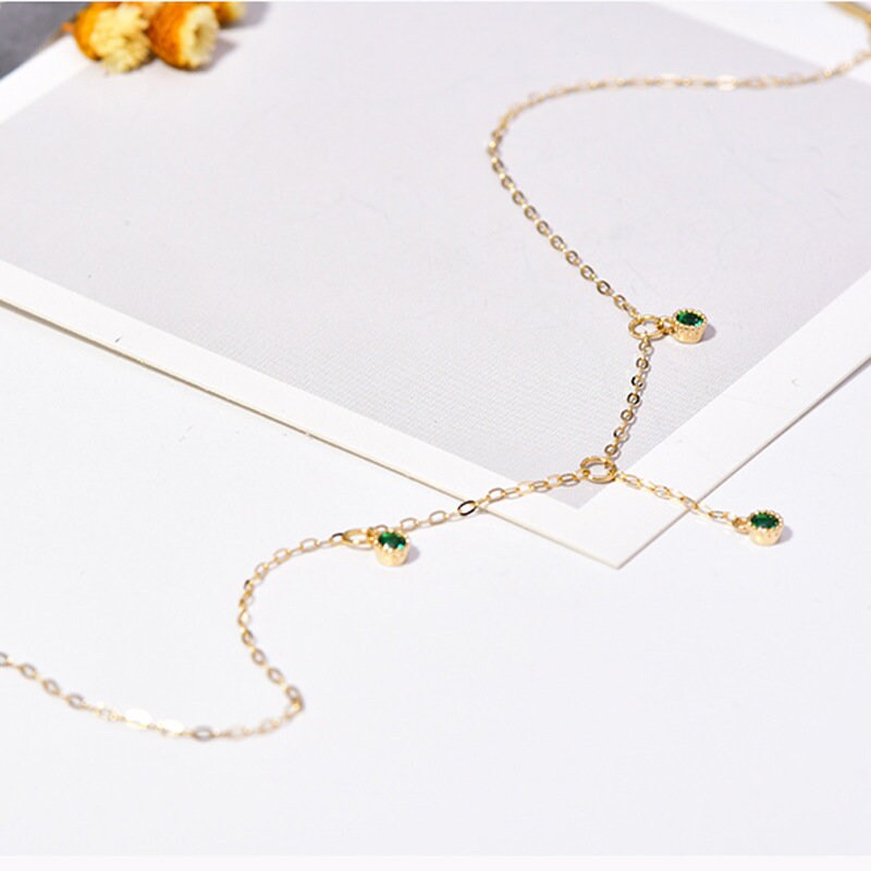 14k Gold Plated 925 Silver Round Emerald CZ Charm Anklet, Dainty Emerald Drop Ankle Bracelet, Tiny Green CZ Anklet, Gifts for Her, GA01