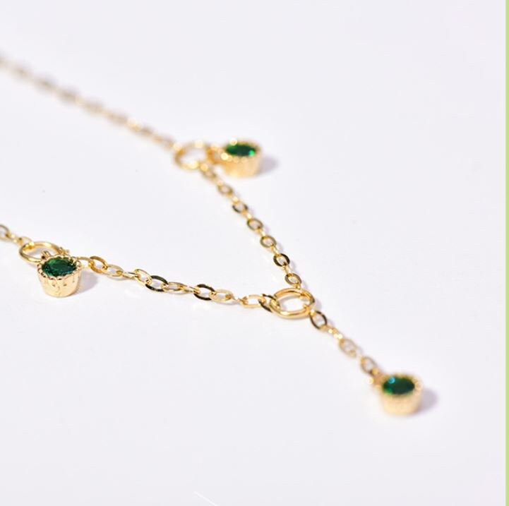 14k Gold Plated 925 Silver Round Emerald CZ Charm Anklet, Dainty Emerald Drop Ankle Bracelet, Tiny Green CZ Anklet, Gifts for Her, GA01